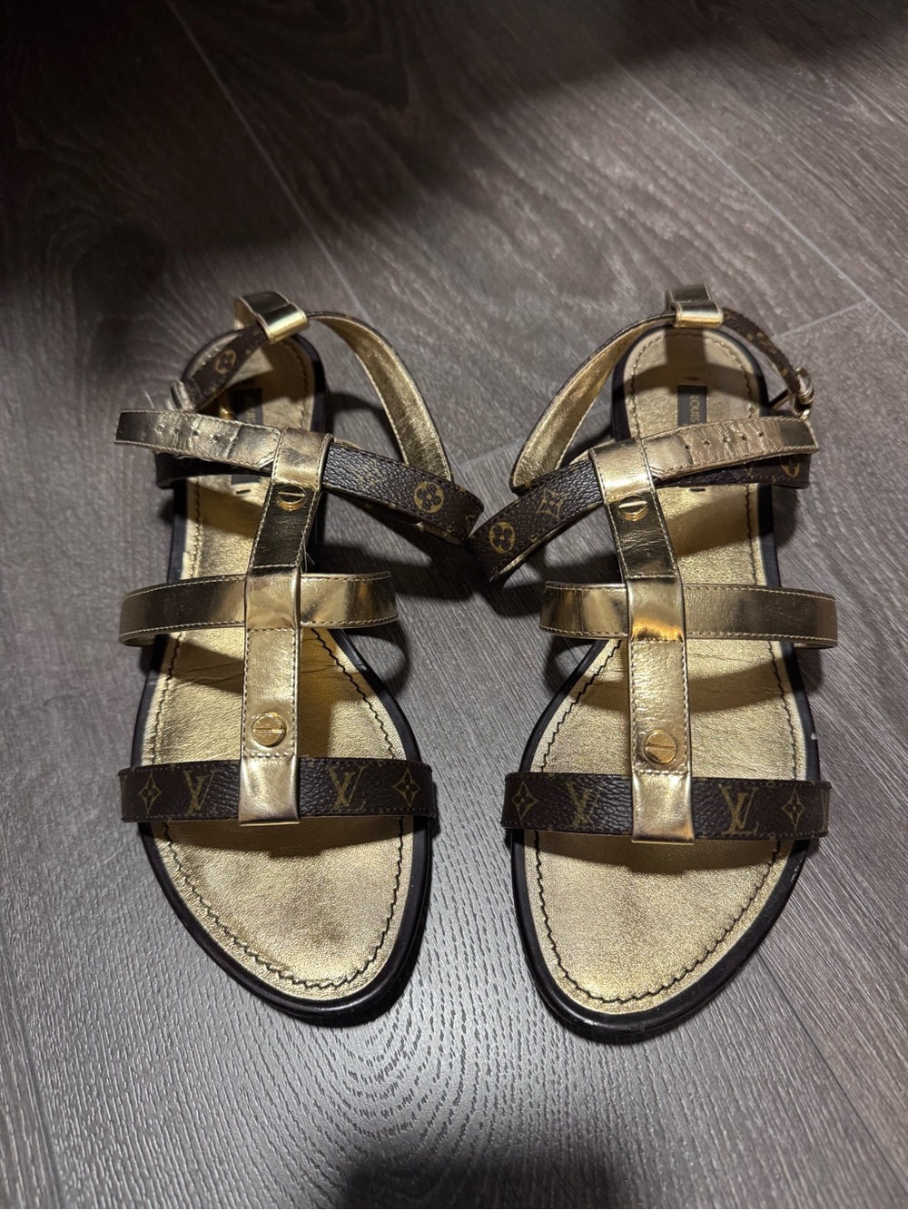 Louis Vuitton Brown Monogram & Gold Metallic Strappy Sandals